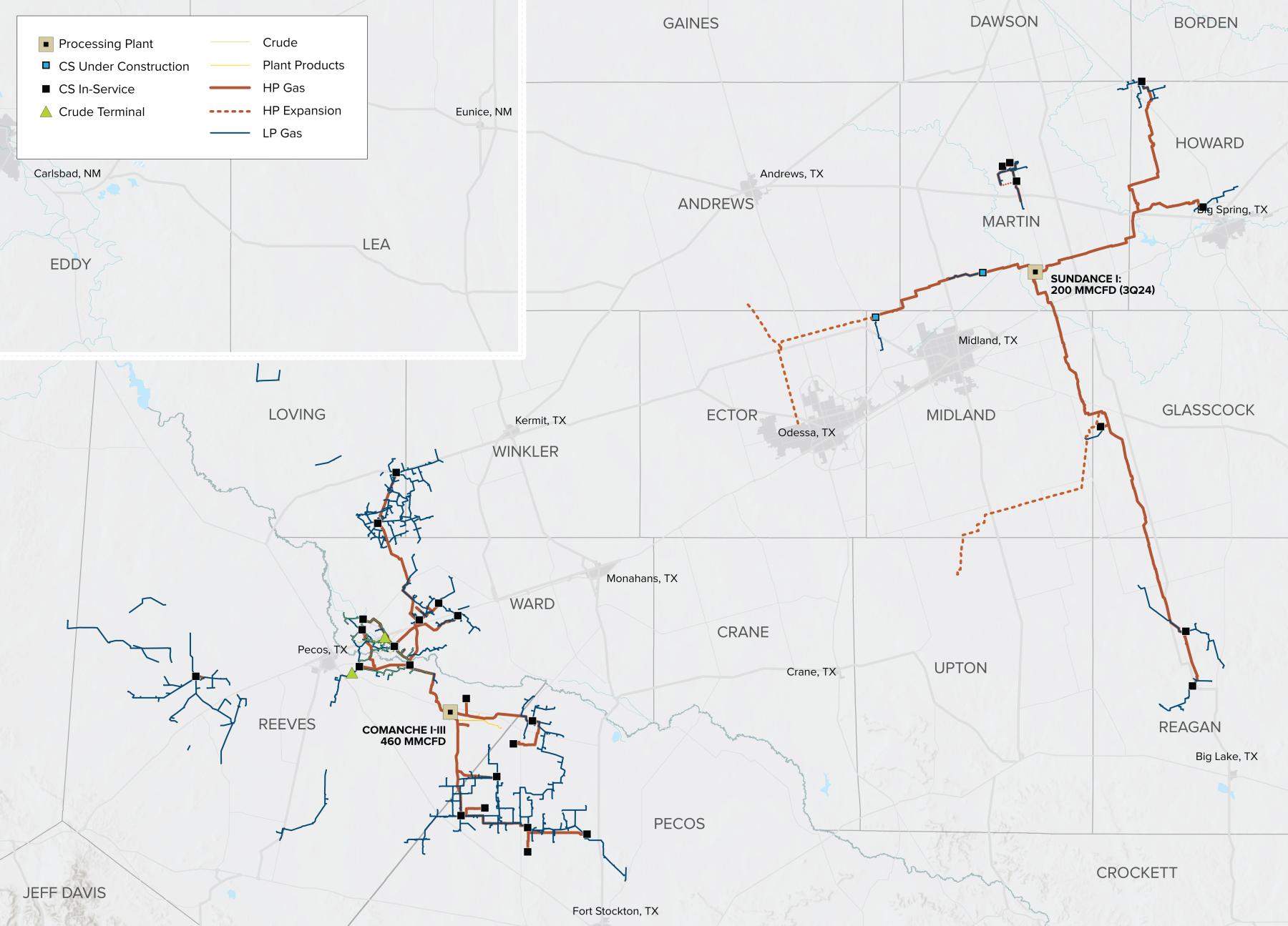 Map of Delaware and Midland Basin operations